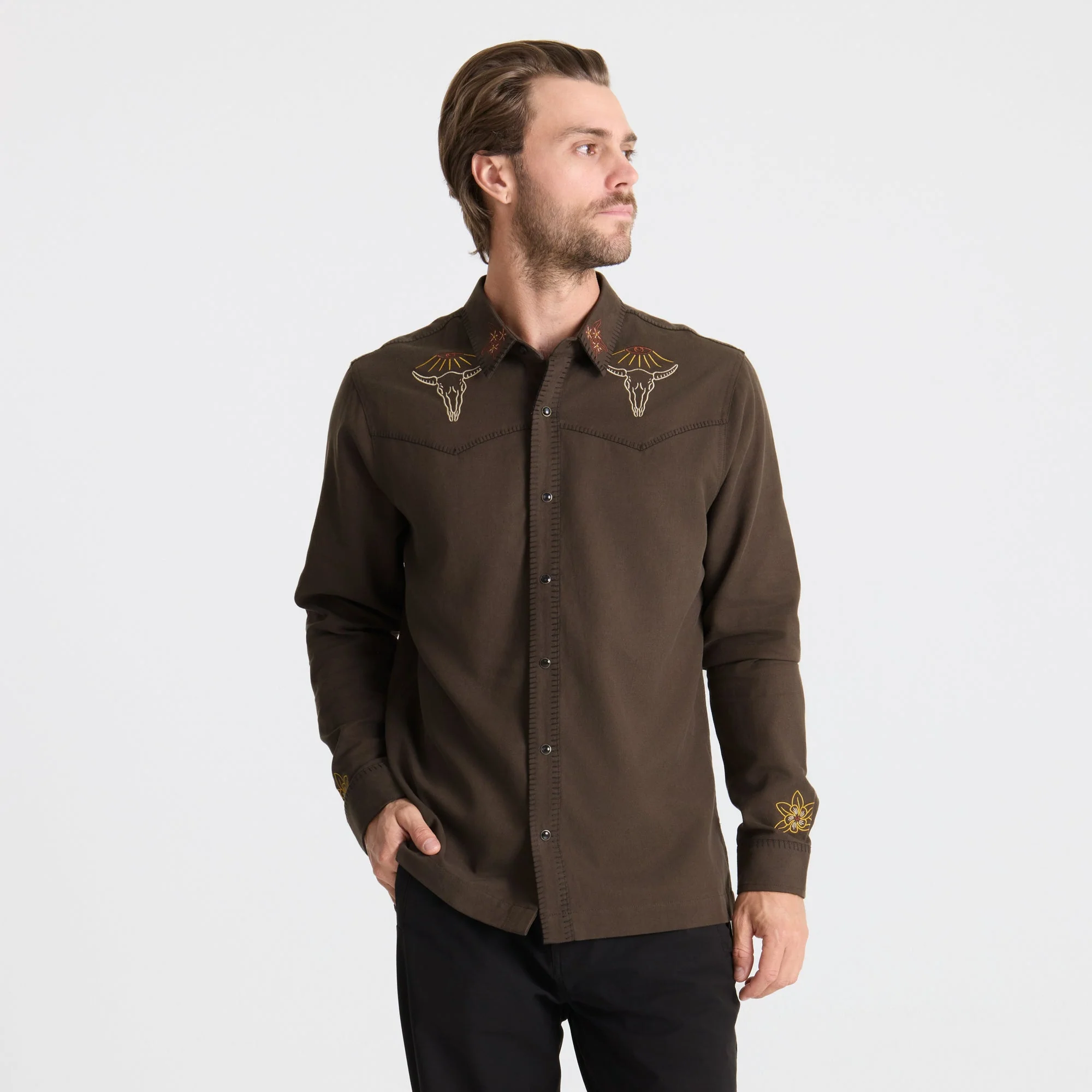 On the Range Long Sleeve Button Up Shirt - Dark Brown - Image 2